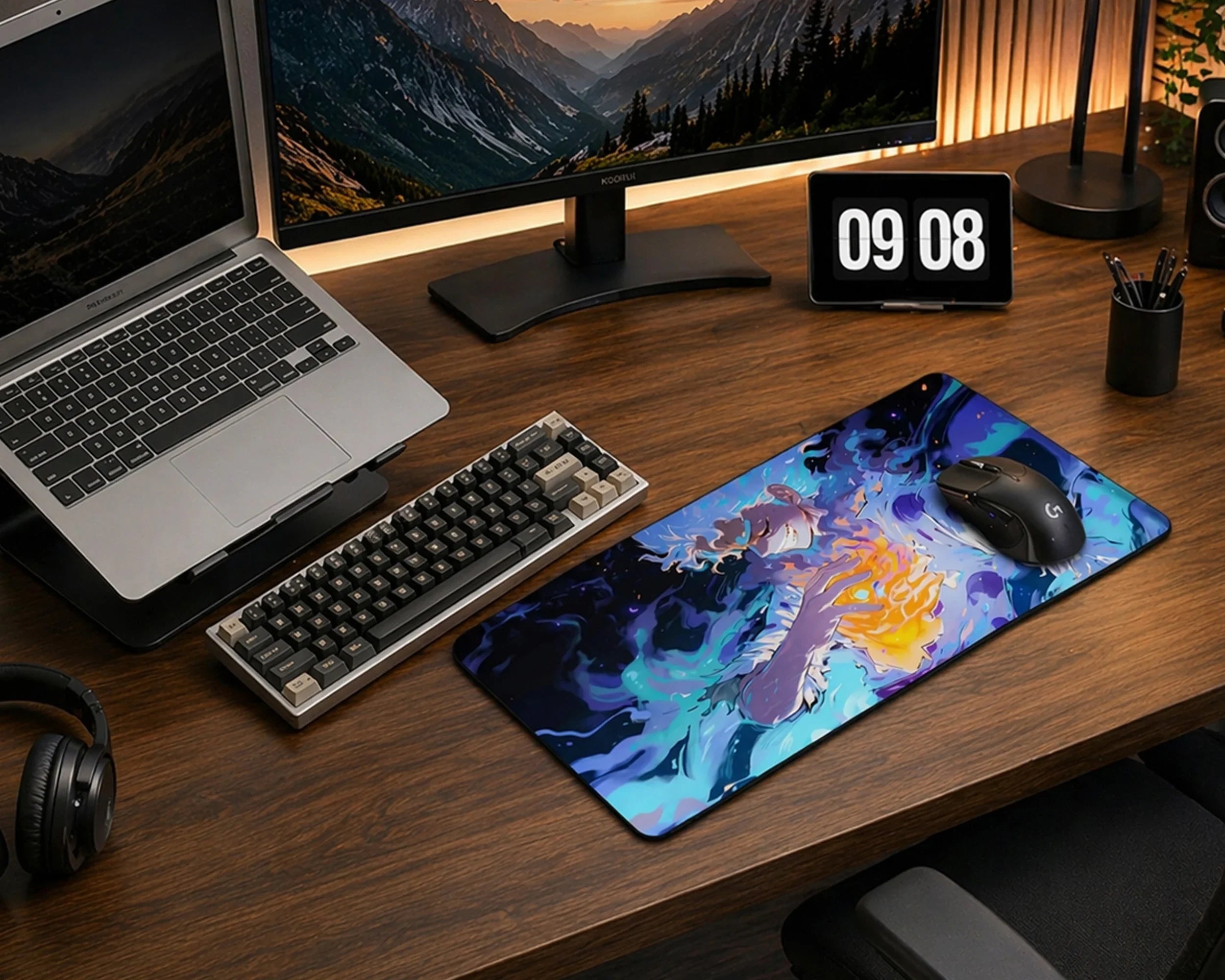 Modern desk setup with anime mouse pad featuring glowing energy character design, mechanical keyboard, laptop, monitor, and warm ambient lighting