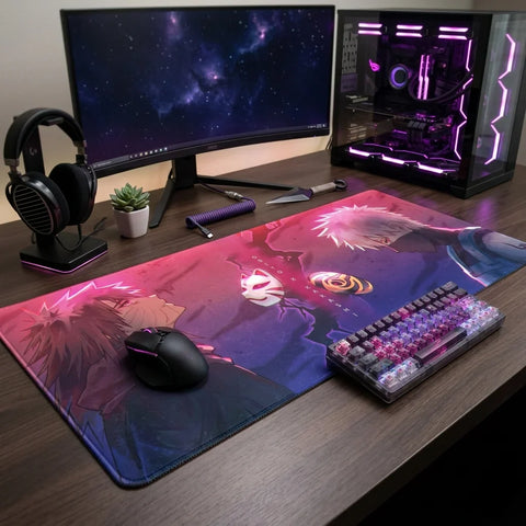 Modern desk setup with large anime mouse pad featuring Obito and Kakashi, RGB keyboard, gaming PC, and minimalist workspace