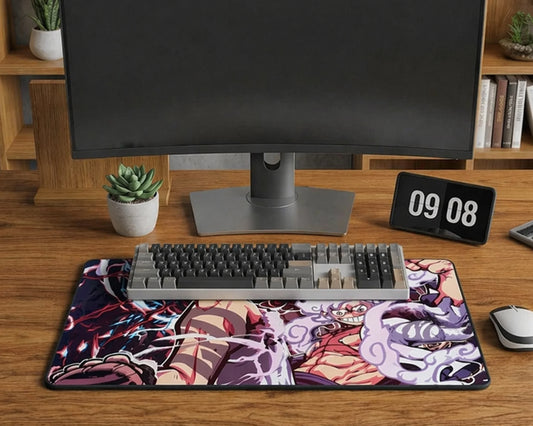 Minimalist desk setup with large anime mouse pad featuring Gear 5 Luffy under keyboard and monitor