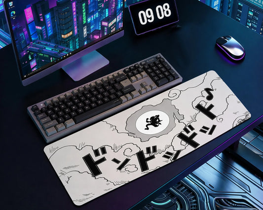 Minimalist anime desk setup with white Gear 5 Luffy mouse pad, mechanical keyboard, and neon city background monitor