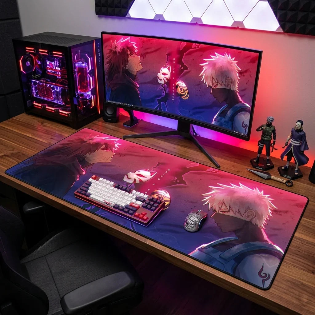 RGB gaming setup with ultrawide monitor displaying Obito and Kakashi wallpaper and matching anime desk mat with red and purple lighting