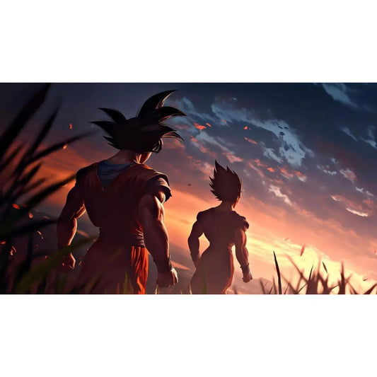 anime sunset scene two characters silhouette dramatic sky Dragon Ball inspired artwork wide wallpaper style