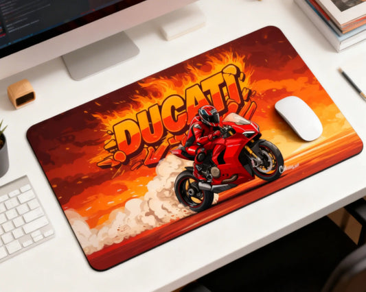 ducati motorcycle gaming mouse pad with red sport bike design on clean white desk setup with keyboard and mouse
