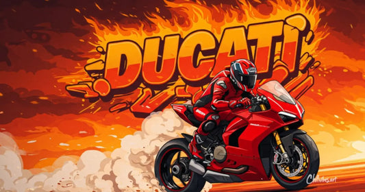 ducati sport bike illustration red motorcycle racing graphic fiery background bold typography speed themed artwork