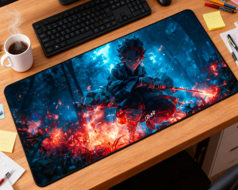 extended anime desk mat tanjiro kamado hinokami kagura flame breathing effect glowing sword gaming setup with zenitsu thunder breathing lightning energy aesthetic