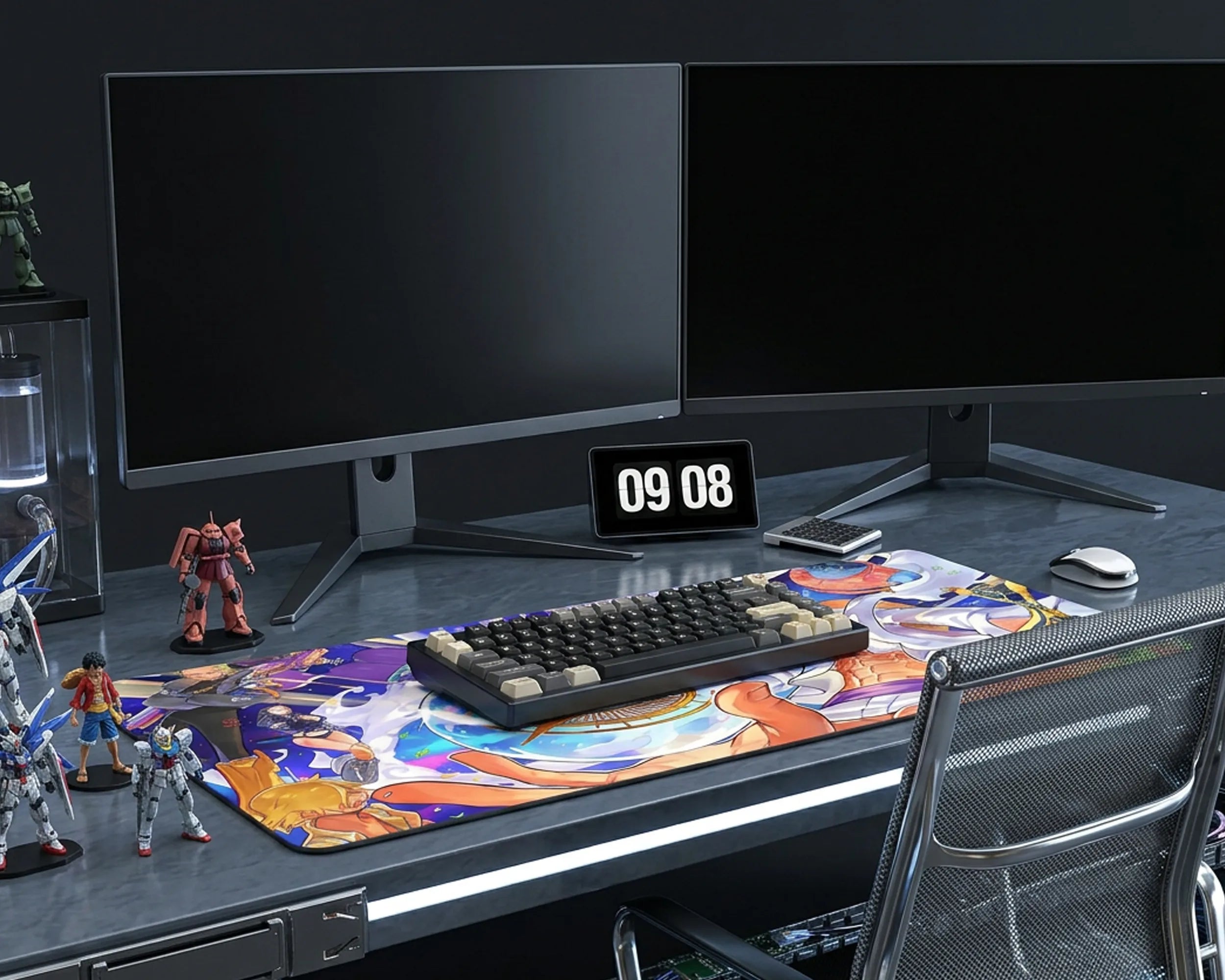Large extended anime desk mat with vibrant character artwork, gaming mouse, and clean wooden desk setup.