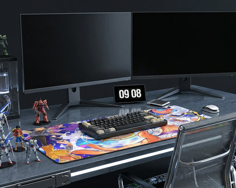 Large extended anime desk mat with vibrant character artwork, gaming mouse, and clean wooden desk setup.