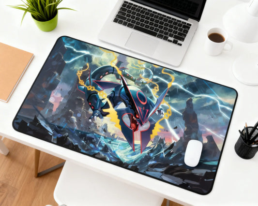 extended black rayquaza pokemon mouse pad under laptop with minimal desk setup and white mouse