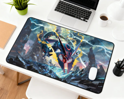 extended black rayquaza pokemon mouse pad under laptop with minimal desk setup and white mouse