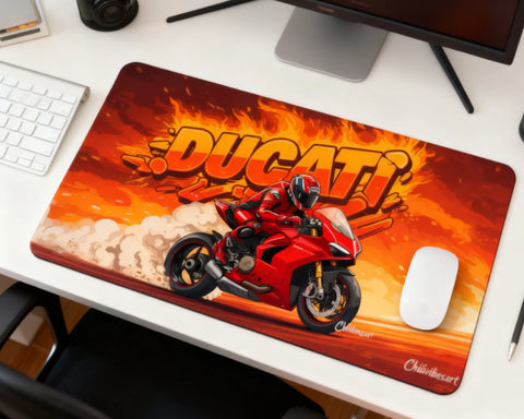 extended ducati mouse pad with sport bike racing graphic on modern desk setup with monitor and white mouse