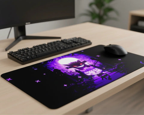 extended gengar gaming mouse pad with keyboard and mouse dark desk setup purple ghost aesthetic
