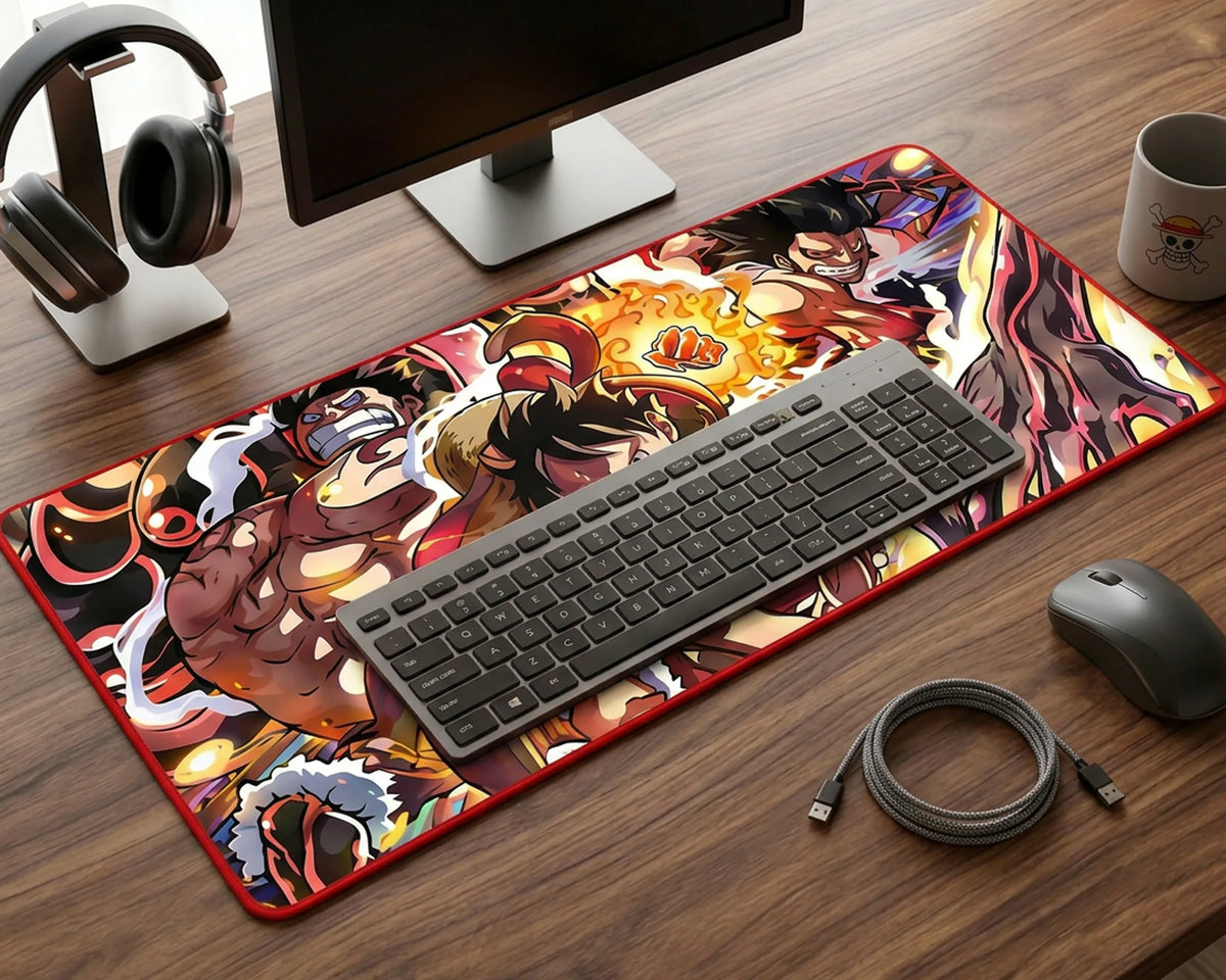 Modern workspace with extended anime mouse pad, keyboard, mouse, headphones, and neatly arranged accessories.