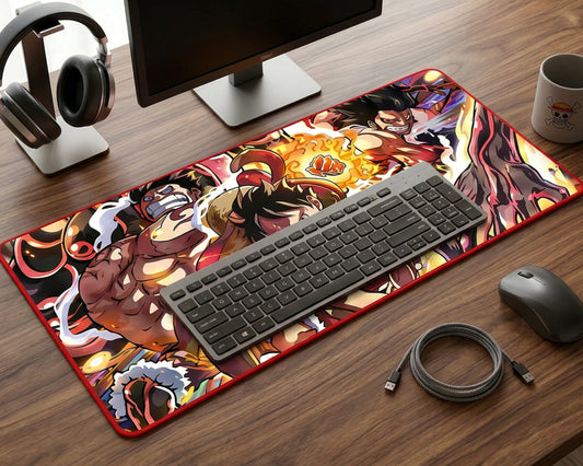 Modern workspace with extended anime mouse pad, keyboard, mouse, headphones, and neatly arranged accessories.