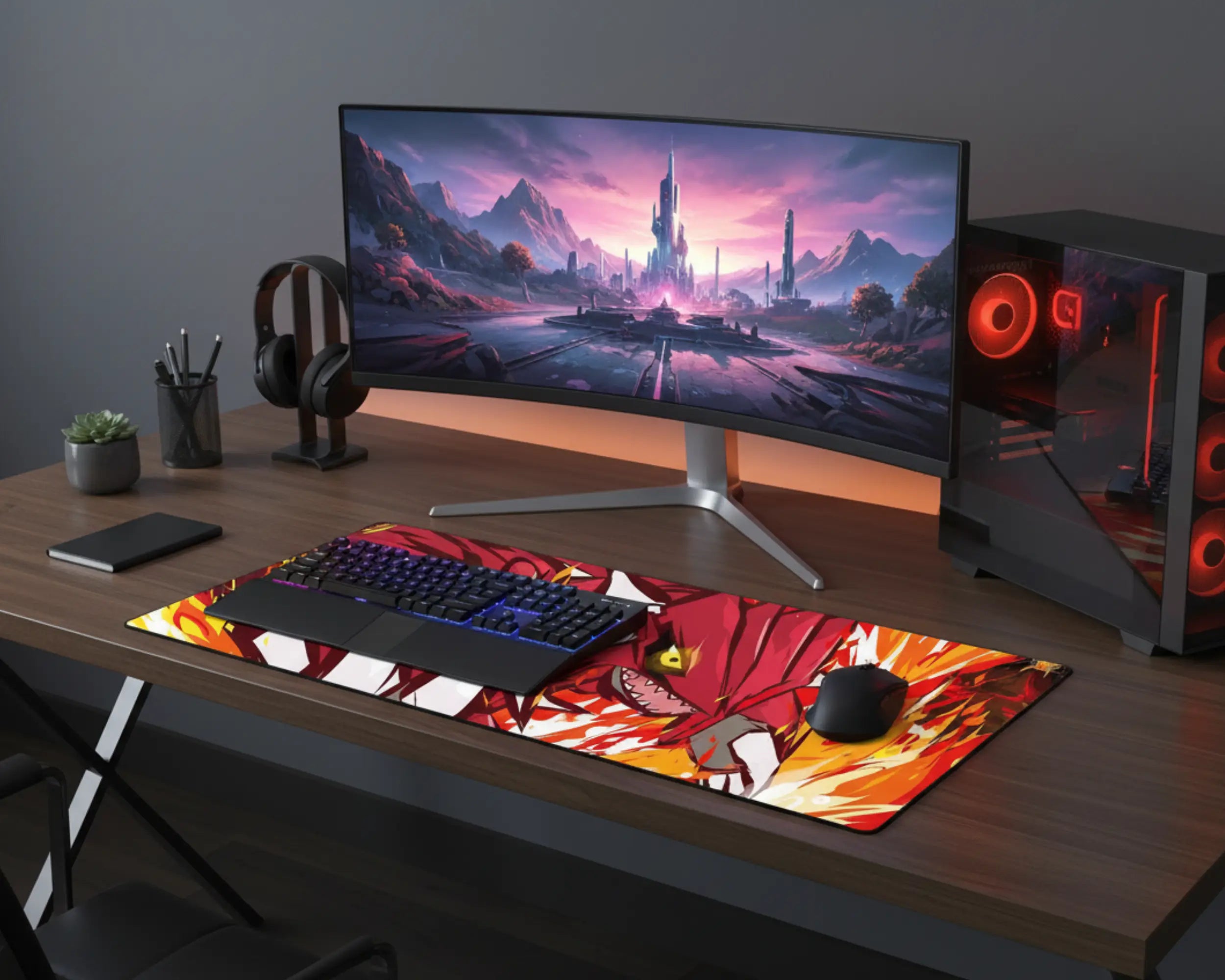 rgb gaming setup with ultrawide monitor keyboard and extended red dragon mouse pad on wooden desk
