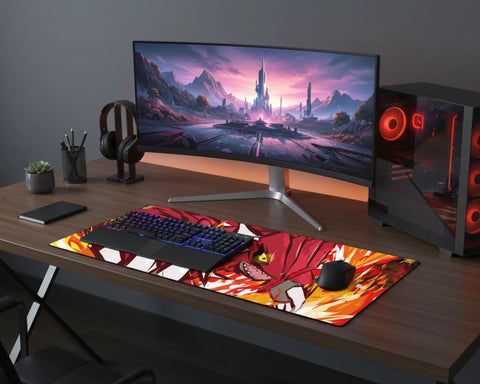 rgb gaming setup with ultrawide monitor keyboard and extended red dragon mouse pad on wooden desk