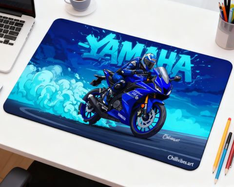 extended yamaha mouse pad with sport bike drift design on clean desk setup with laptop coffee and stationery