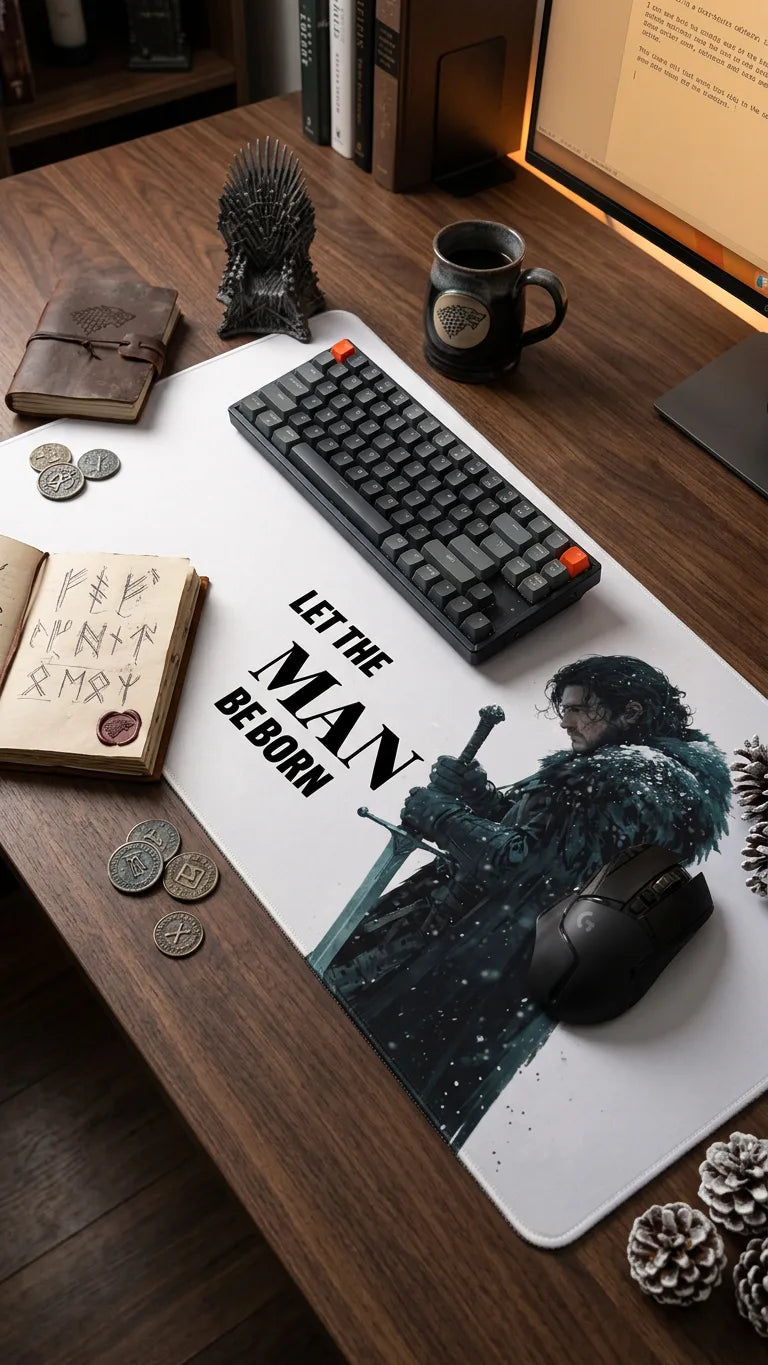 Minimalist fantasy warrior mouse pad with ‘Let the man be born’ quote, winter cloaked swordsman design aesthetic desk mat.