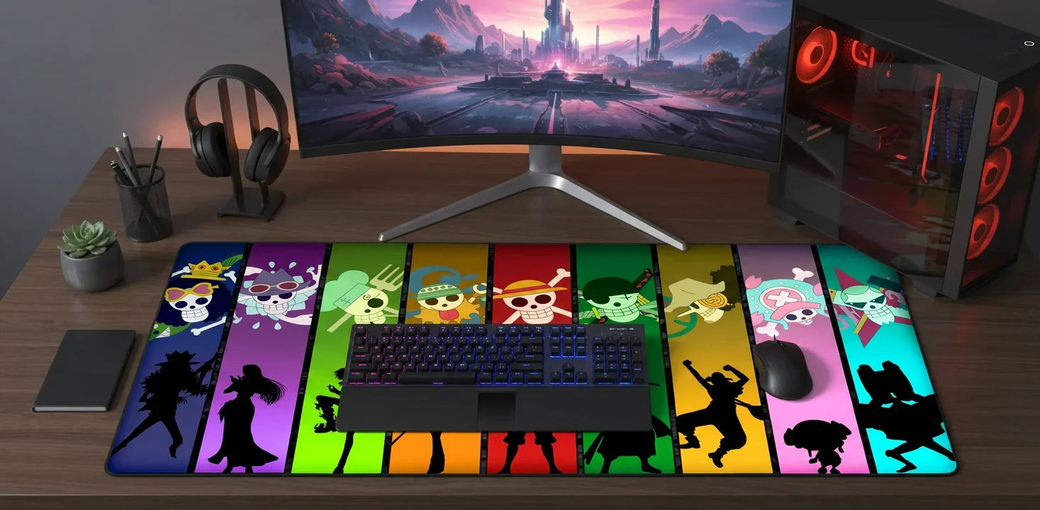Large One Piece extended mousepad with colorful panel design, placed on a modern gaming desk with RGB keyboard, mouse, curved monitor, and PC setup.