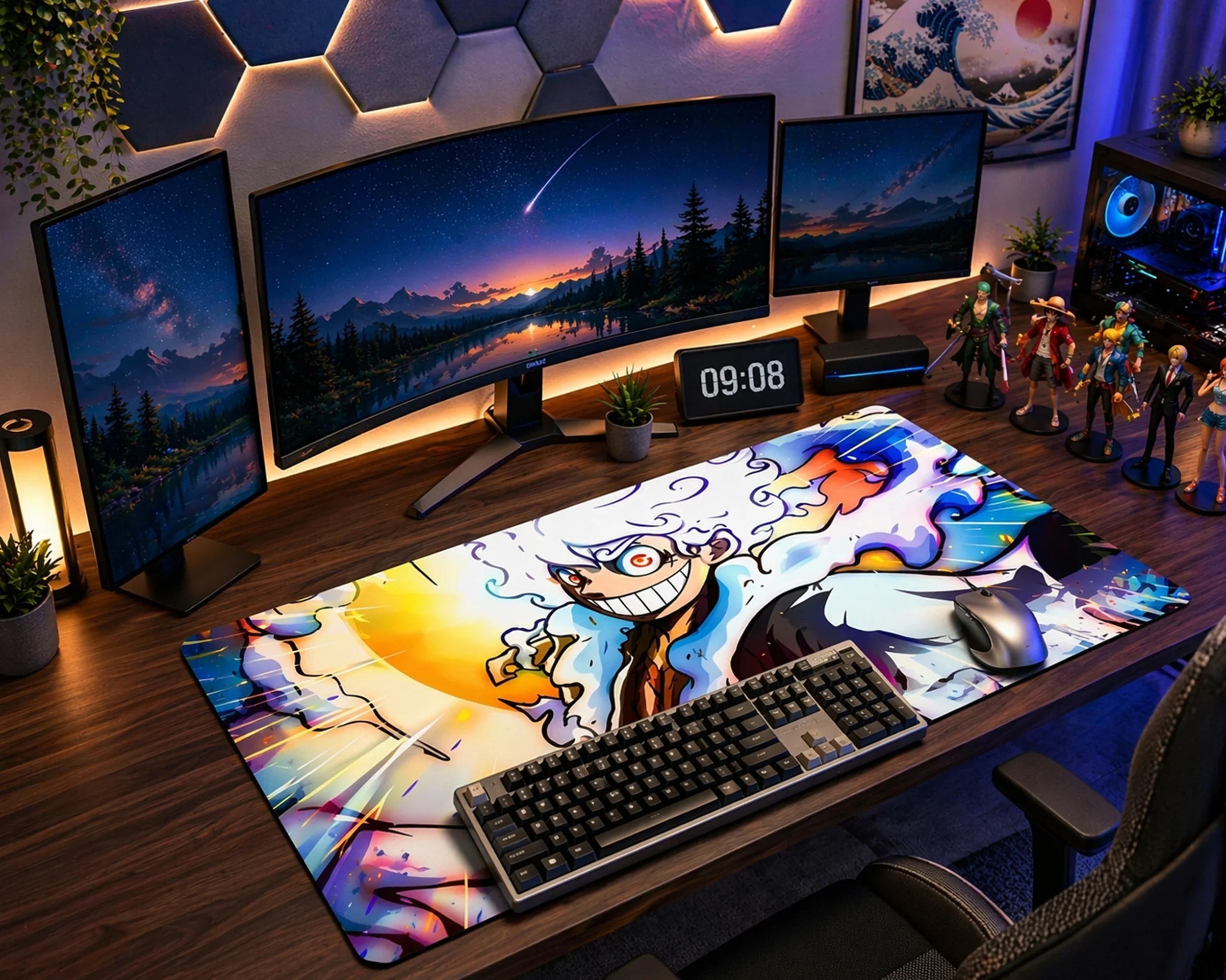 Anime gaming desk setup with Gear 5 Luffy mouse pad, triple monitor display, RGB lighting, mechanical keyboard, and modern aesthetic workspace”