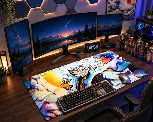 Anime gaming desk setup with Gear 5 Luffy mouse pad, triple monitor display, RGB lighting, mechanical keyboard, and modern aesthetic workspace”