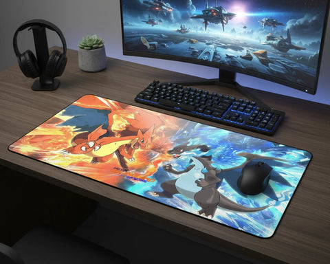 rgb gaming desk setup with extended pokemon charizard mouse pad keyboard mouse and ultrawide monitor
