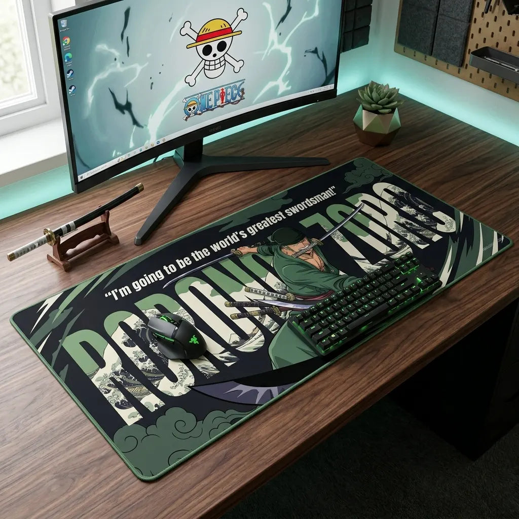 Modern gaming desk with large One Piece Zoro mouse pad, RGB keyboard, curved monitor, and anime-themed workspace decor.