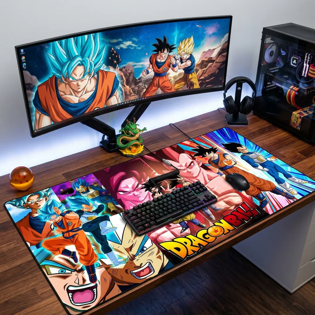 Clean gaming desk with ultrawide monitor displaying Dragon Ball characters, mechanical keyboard, and a colorful extended anime desk mat covering the workspace.