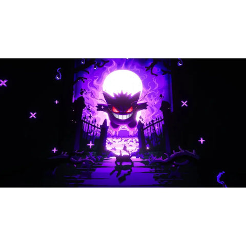gengar ghost pokemon glowing purple graveyard scene pixel style spooky night aesthetic