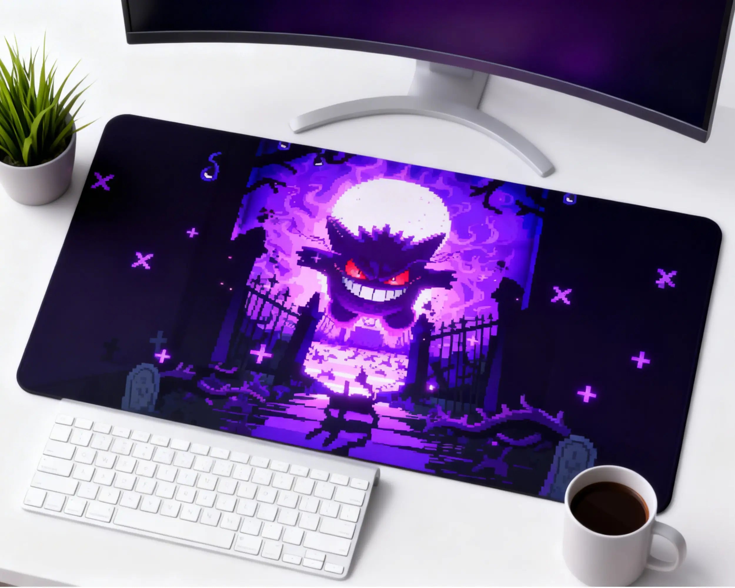 gengar pokemon gaming mouse pad on desk with curved monitor keyboard and coffee purple neon design