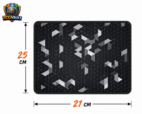 Black geometric pattern gaming mouse pad with stitched edges and dimensions of 25 cm by 21 cm
