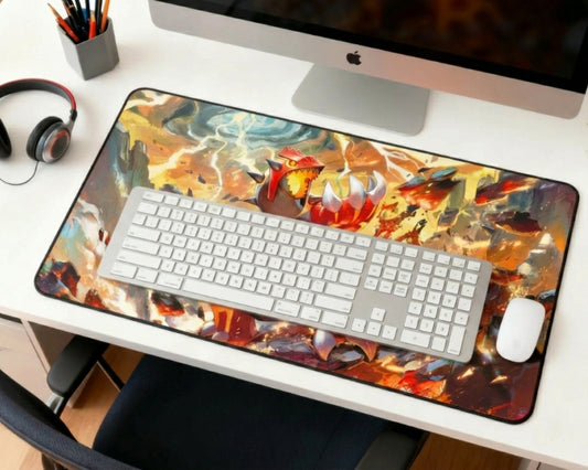 Angled iMac workstation with Groudon Pokémon desk mat, white keyboard, white mouse, headphones, pencil holder, and dramatic orange battle artwork.