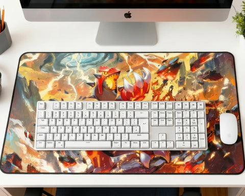 Groudon Pokémon desk mat setup with white keyboard, white mouse, iMac, headphones, pencil holder, and fiery volcanic battle artwork.