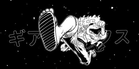 Close-up of black and white One Piece inspired Luffy artwork on large gaming mouse pad with bold line art and Japanese text accents.