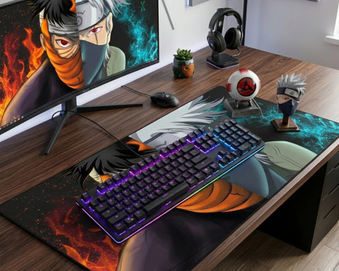 Naruto and Kakashi themed gaming desk with RGB mechanical keyboard, anime desk mat, ultrawide monitor, headset, Sharingan figure, and plant.