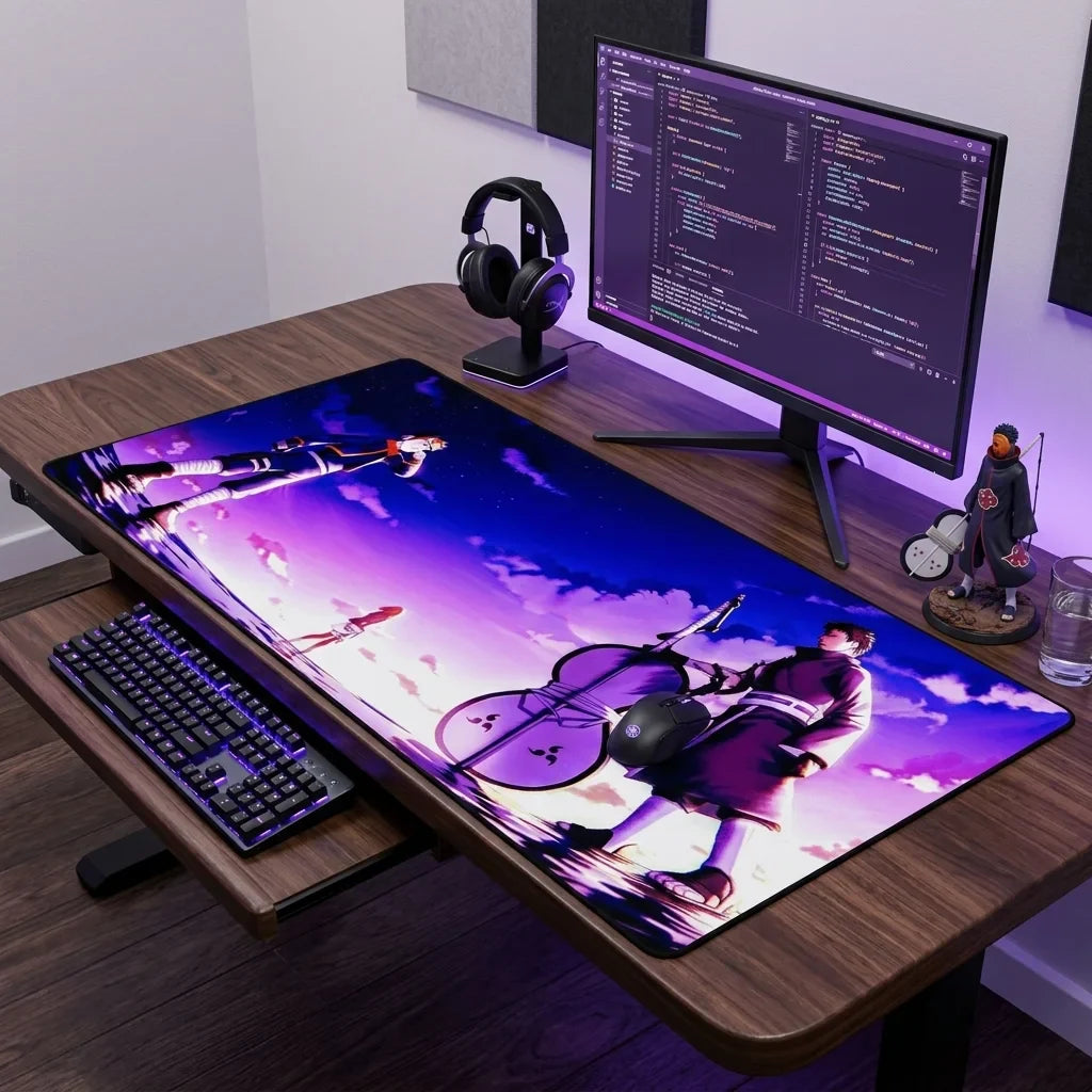 Clean desk setup with large anime mouse pad showing kid Obito, Rin, and Obito, mechanical keyboard, monitor, and headphones