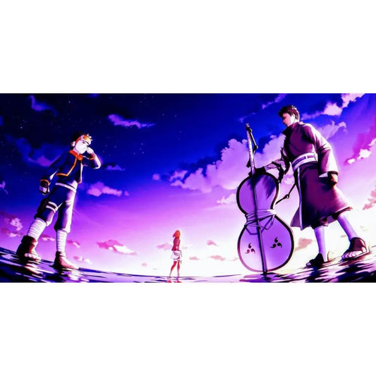 Anime scene of kid Obito and older Obito facing each other with Rin standing between them under a purple sunset sky.