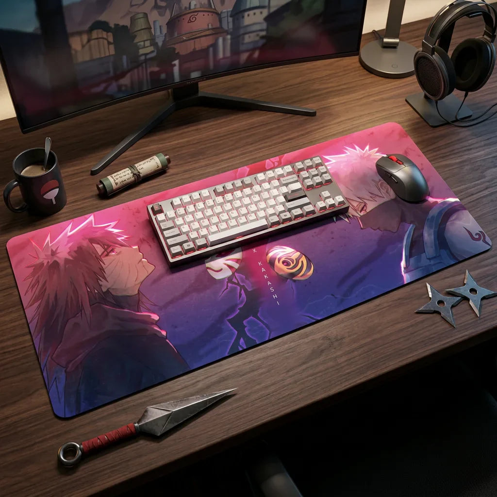 Gaming desk setup with large anime Obito vs Kakashi mouse pad, mechanical keyboard, mouse, and ninja-themed accessories