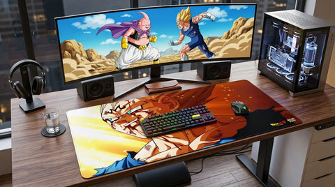 Gaming desk with ultrawide monitor showing a battle scene, featuring a large anime desk mat with Majin Vegeta artwork, keyboard, mouse, speakers, and a glass of water.