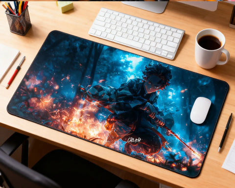 large anime mouse pad featuring tanjiro kamado water breathing fire and water effects demon slayer desk mat with zenitsu thunder breathing lightning style on wooden desk