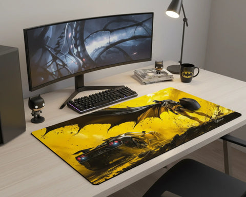 large batman desk mat with yellow and black superhero design on modern gaming desk with curved monitor