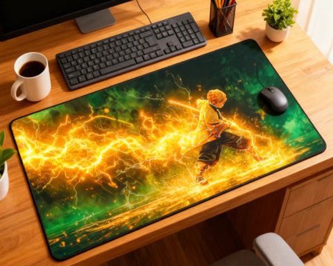 large demon slayer zenitsu desk mat thunder breathing lightning artwork anime mouse pad on wooden desk with keyboard and coffee