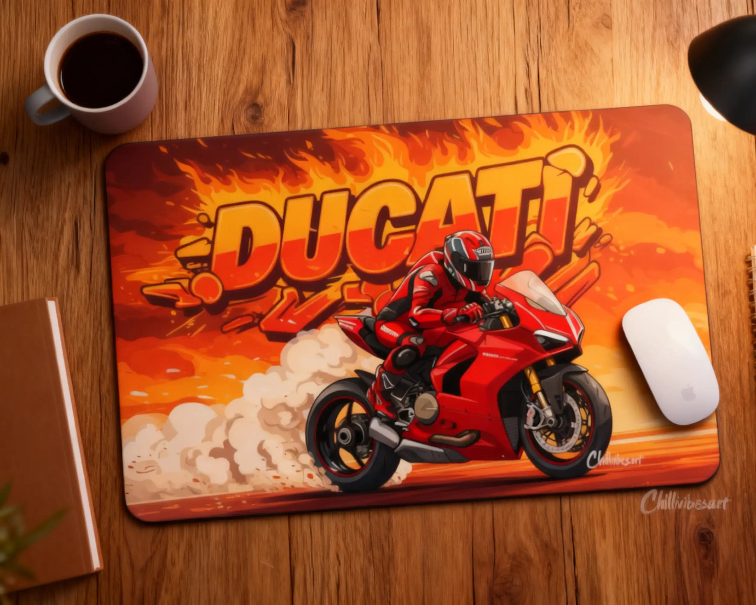 large ducati desk mat featuring red racing motorcycle design on wooden workspace with coffee and accessories