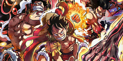 Vibrant anime illustration of multiple action characters with fiery effects on a large gaming mouse pad.