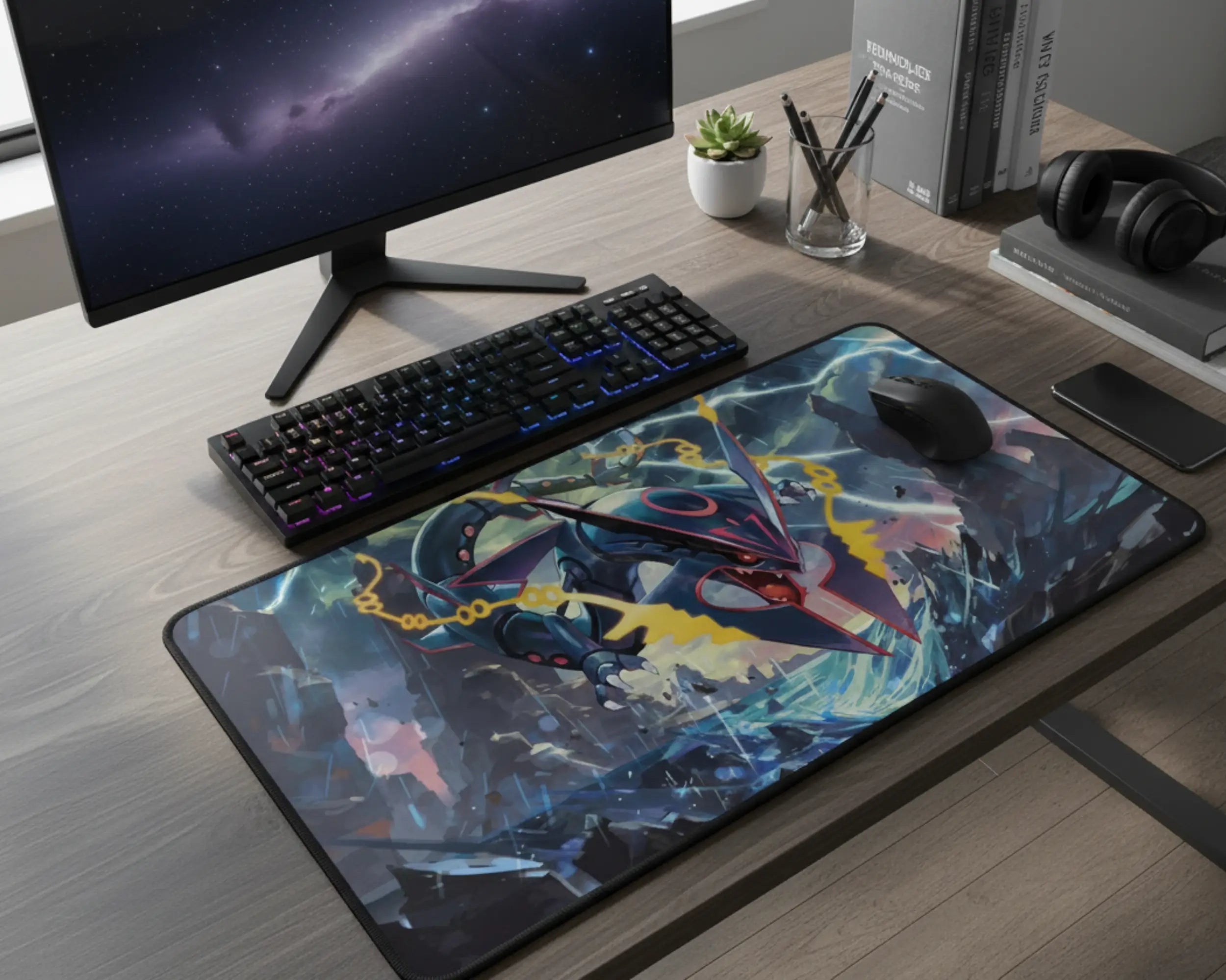 large pokemon mouse pad with black rayquaza lightning design on gaming desk with keyboard monitor setup