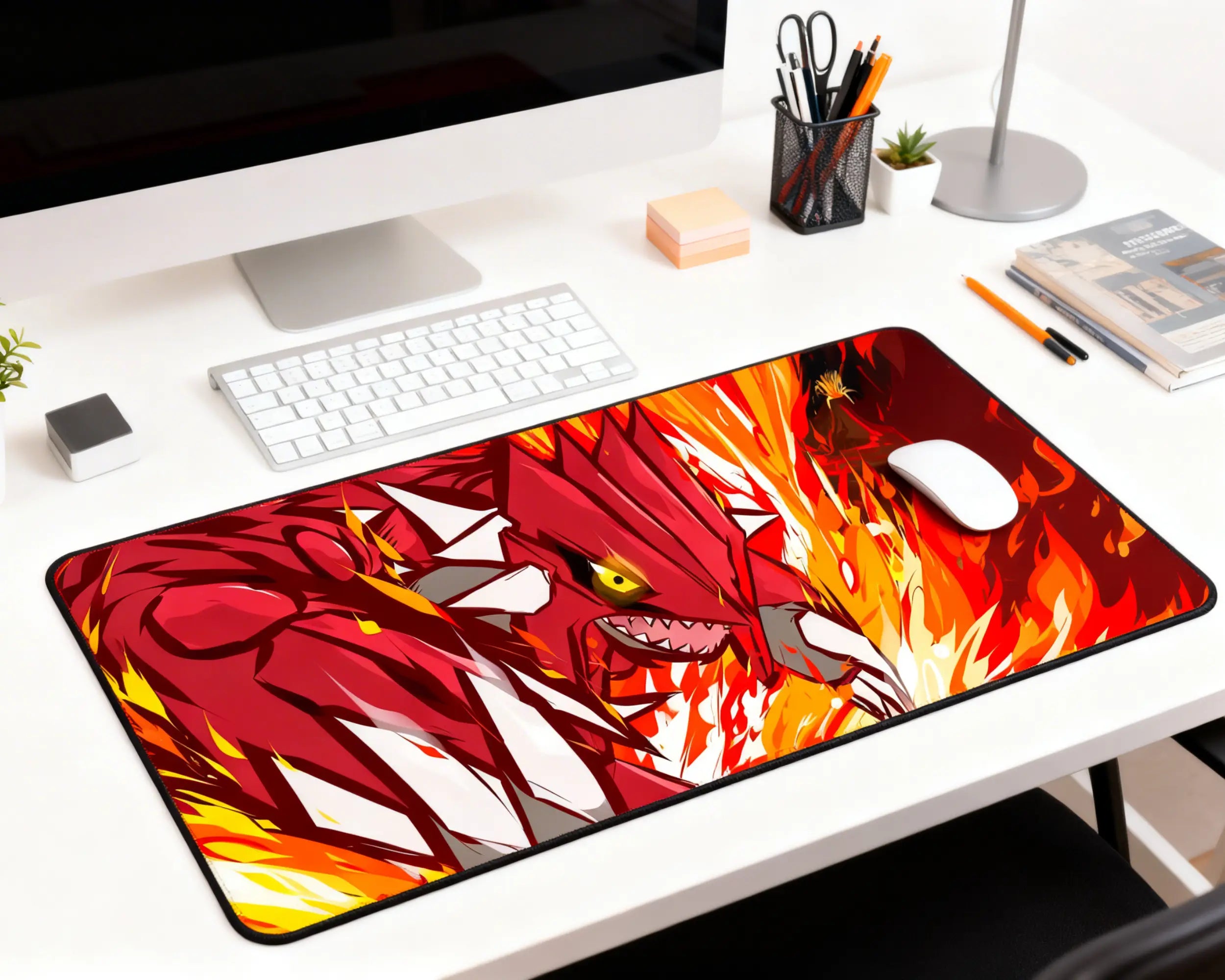 large red dragon gaming mouse pad on clean desk with keyboard and mouse vibrant anime style design