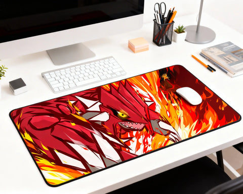 large red dragon gaming mouse pad on clean desk with keyboard and mouse vibrant anime style design