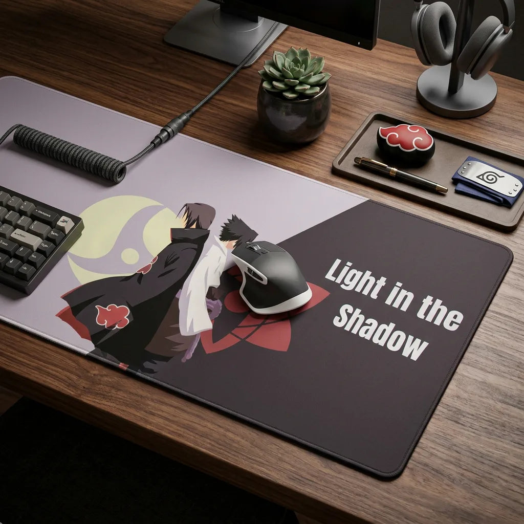Angled close-up of Naruto-themed desk mat with mangekyou and eternal mangekyou Sharingan design, gaming mouse, keyboard, and clean workspace aesthetic.