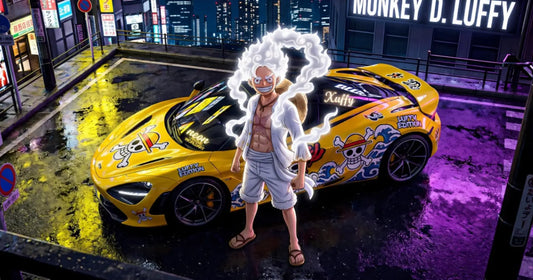 monkey d luffy gear 5 glowing aura standing in neon city with custom anime sports car one piece artwork