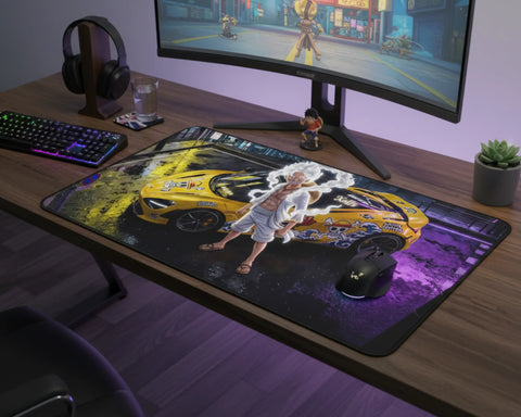 extended gaming mouse pad featuring monkey d luffy gear 5 neon city design with keyboard and gaming setup