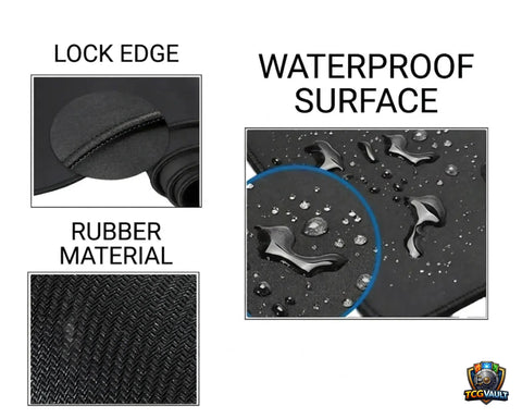 Product features including lock edge, waterproof surface, and rubber material with TCC Vault logo.